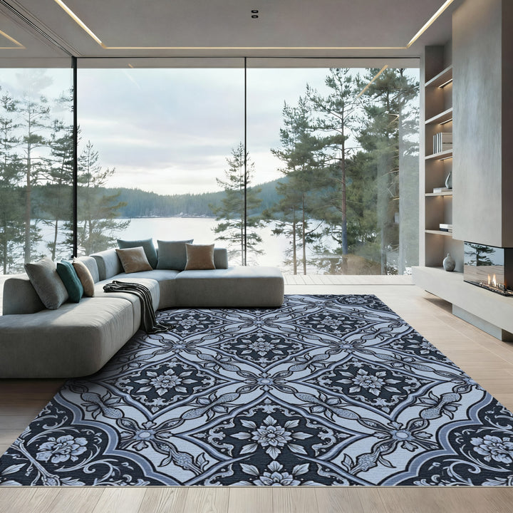 Slate Blue Paisley Floral Lattice Rug