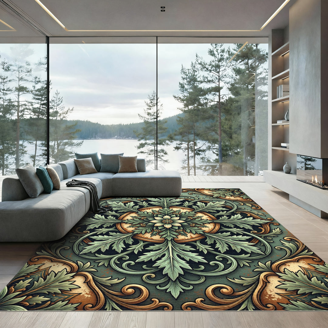 Ornate Sage Green Floral Scrollwork Rug