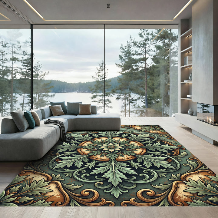 Ornate Sage Green Floral Scrollwork Rug