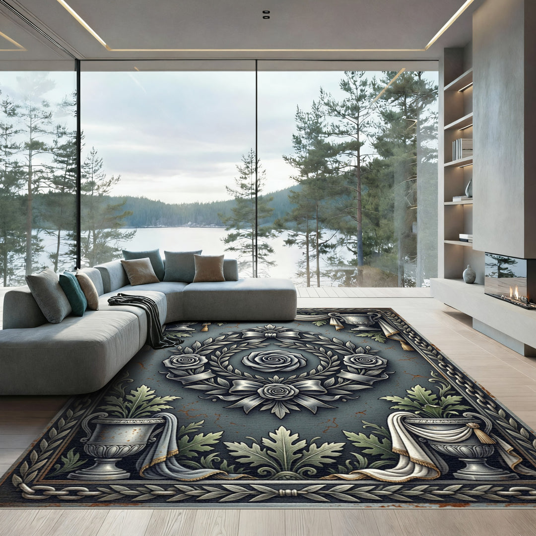 Ornate Silver Rose Wreath Tapestry Rug