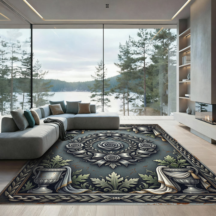 Ornate Silver Rose Wreath Tapestry Rug