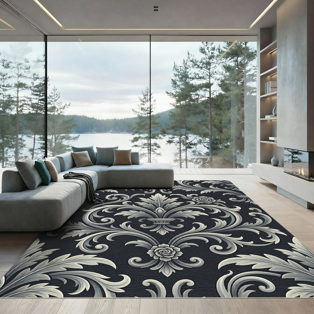 Ornate Gray Floral Scrollwork Rug