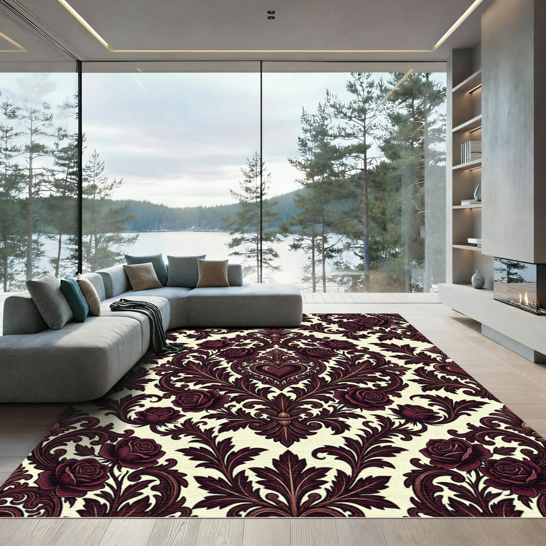 Burgundy Rose Baroque Damask Rug