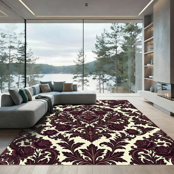 Burgundy Rose Baroque Damask Rug