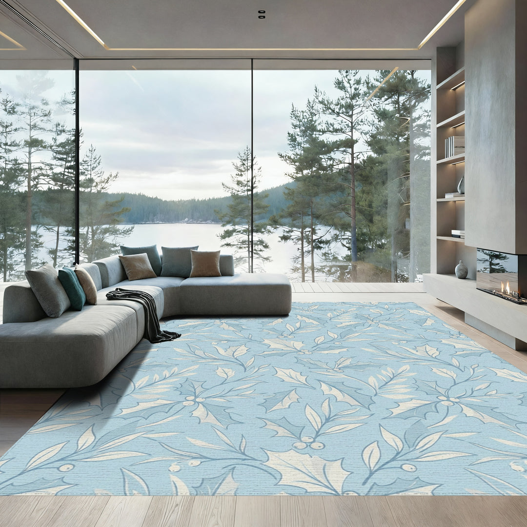 Soft Blue Holly Berry Branch Rug