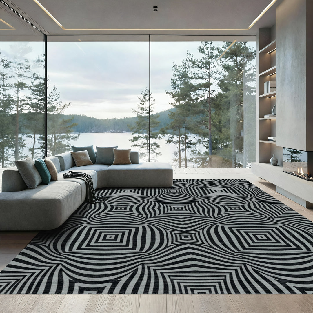 Optical Illusion Black Gray Squares Rug