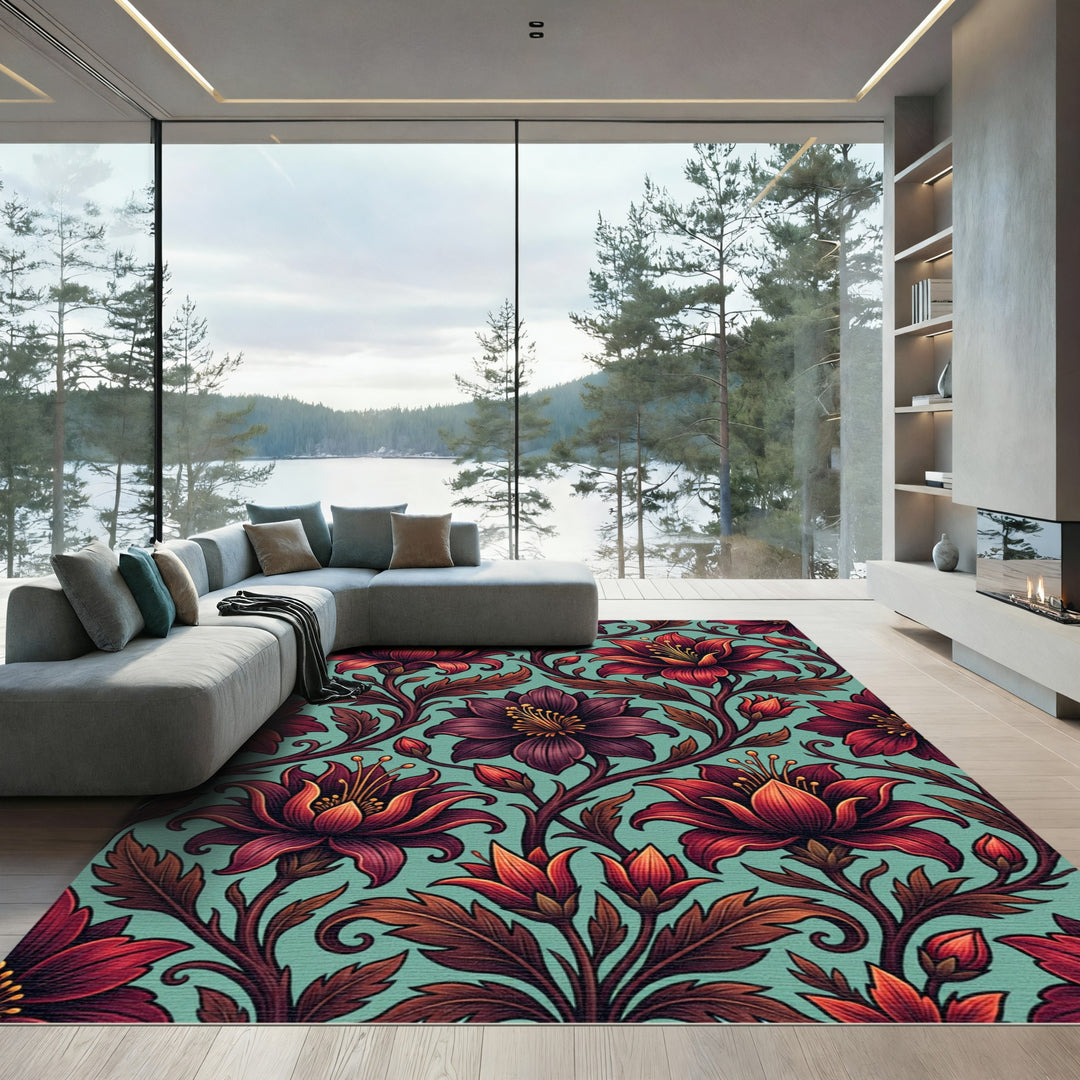 Elegant Red Lotus Floral Art Rug