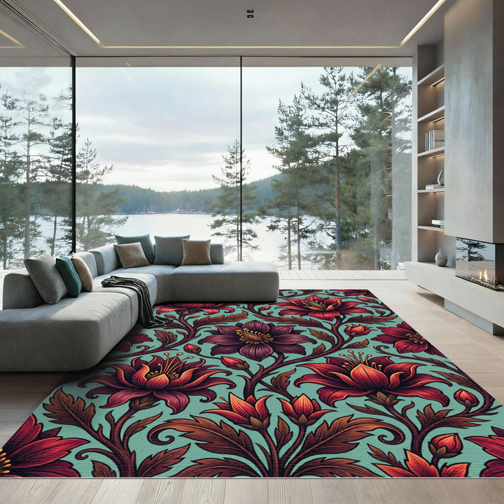 Elegant Red Lotus Floral Art Rug