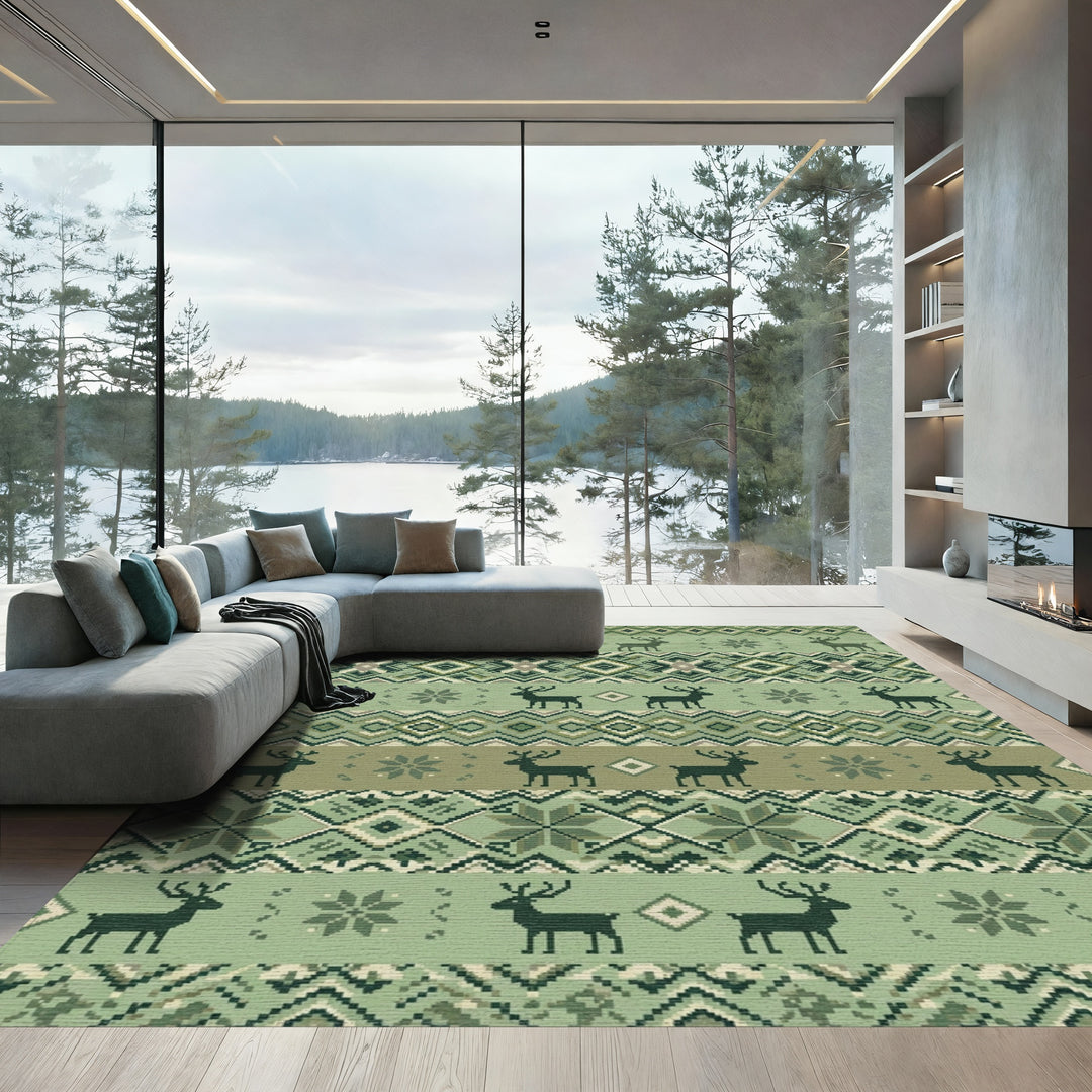 Green Reindeer Fair Isle Stripe Rug