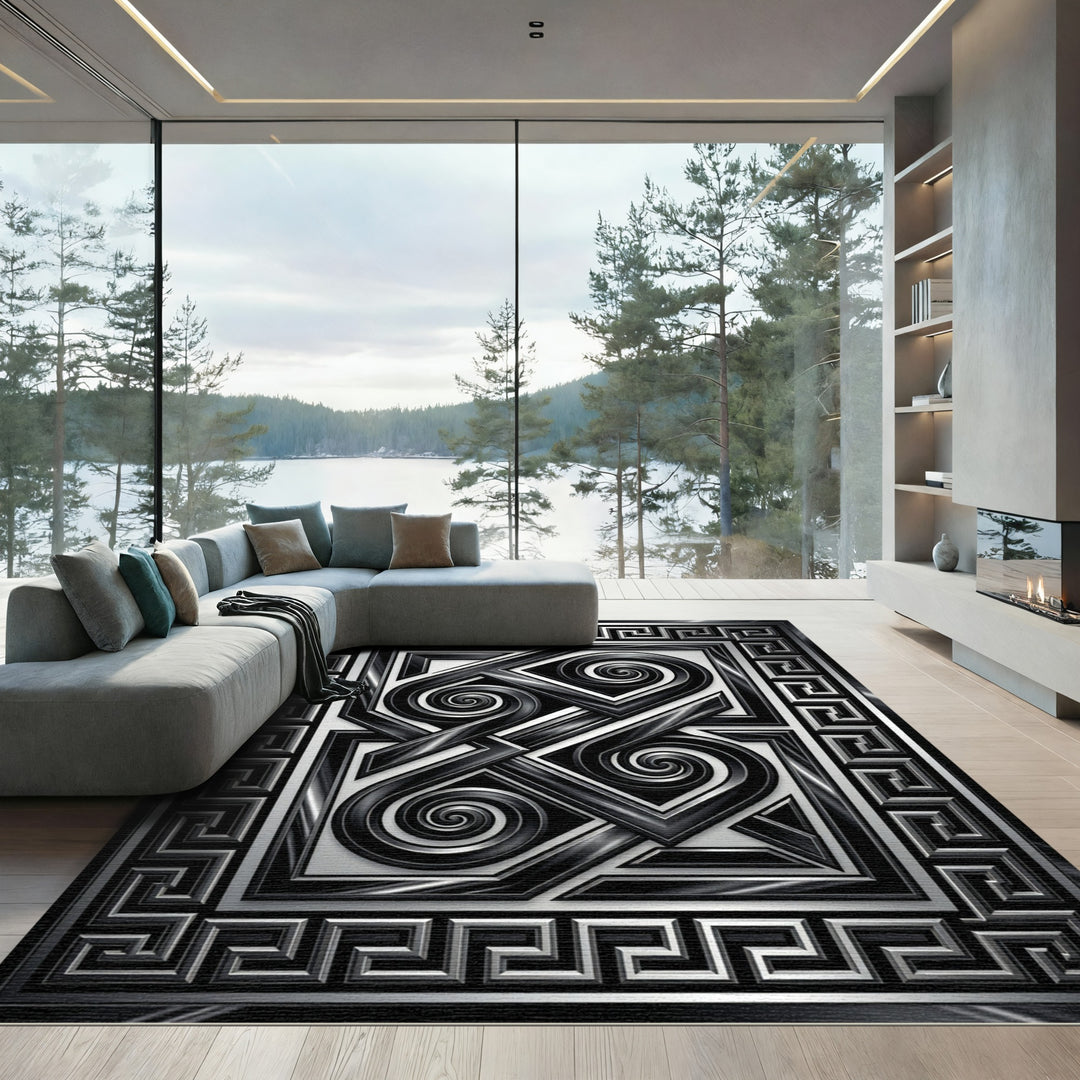 Abstract Black Silver Interlocking Scrolls Rug