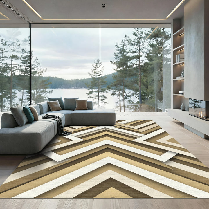 Geometric Gold Chevron Layered Rug