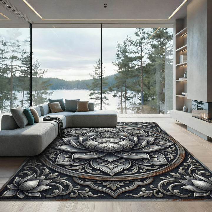 Ornate Silver Lotus Mandala Rug