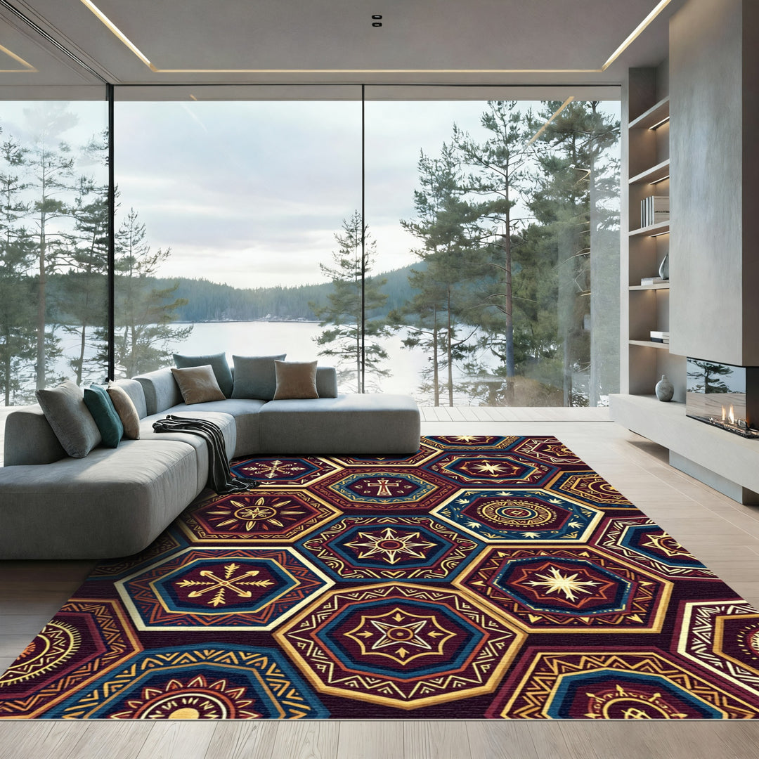 Ornate Geometric Hexagon Mandala Rug
