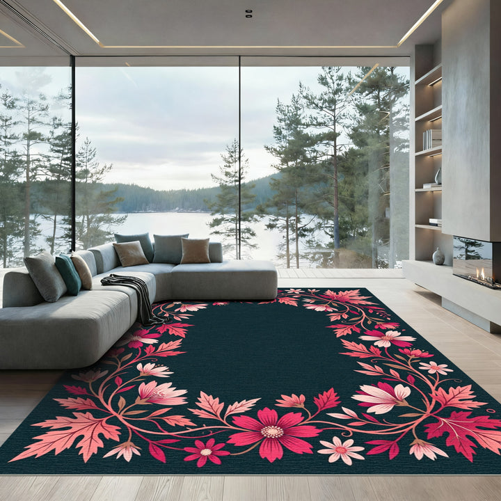 Vibrant Pink Floral Swirl Border Rug