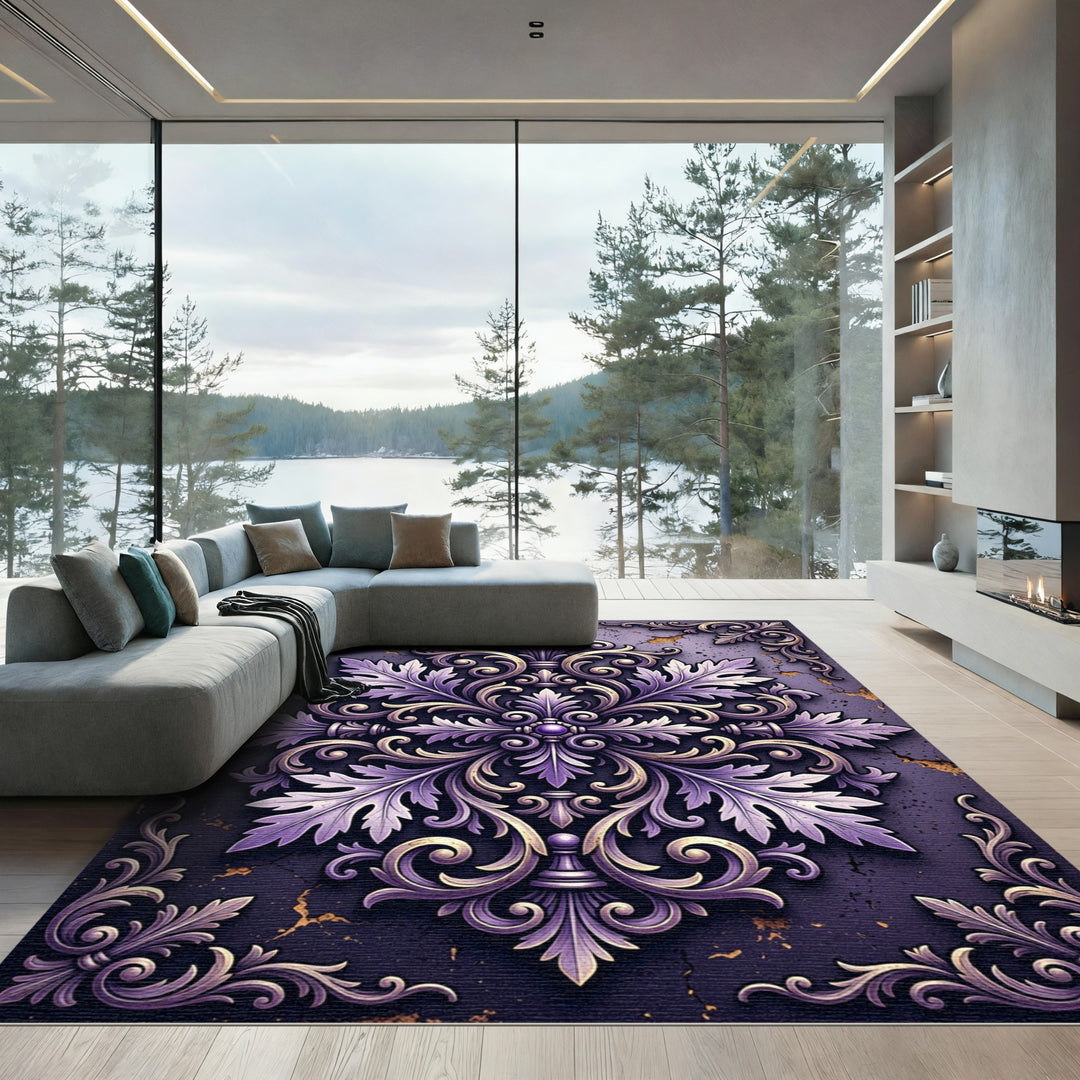 Ornate Purple Gold Acanthus Medallion Rug