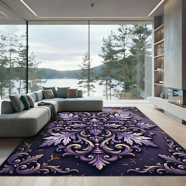 Ornate Purple Gold Acanthus Medallion Rug