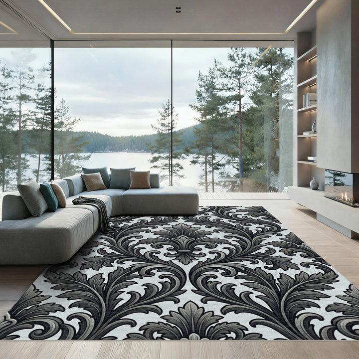 Dark Gray Baroque Damask Rug