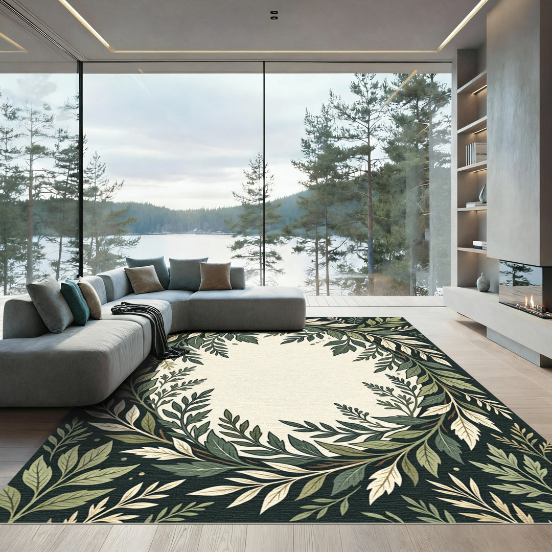 Emerald Green Leafy Garland Border Rug