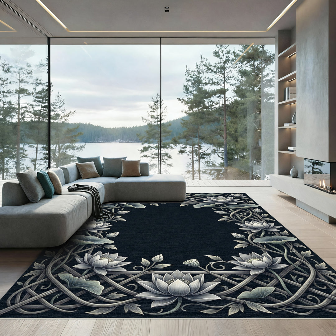 Elegant White Lotus Vine Border Rug