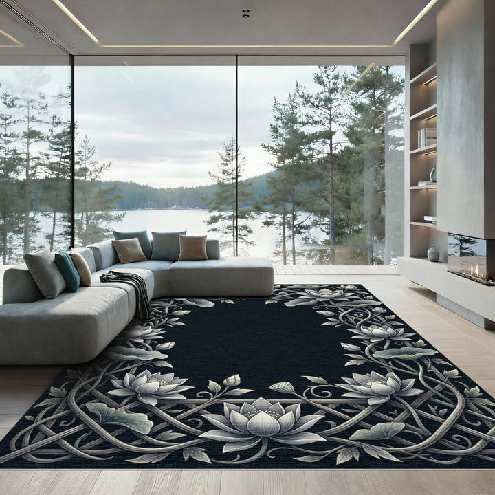Elegant White Lotus Vine Border Rug