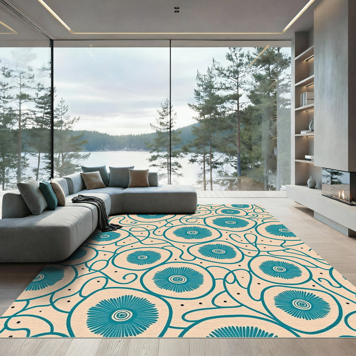 Teal Floral Vine Organic Abstract Rug