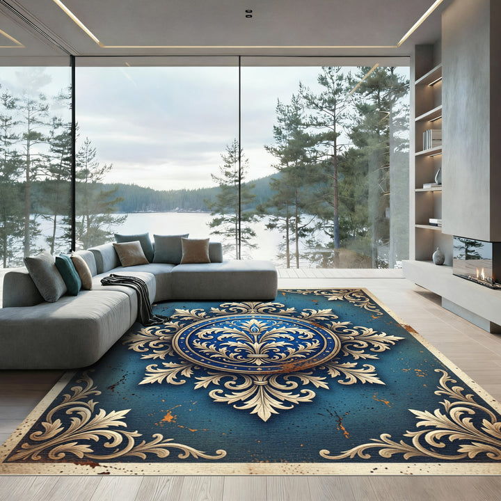 Ornate Blue and Gold Damask Rug