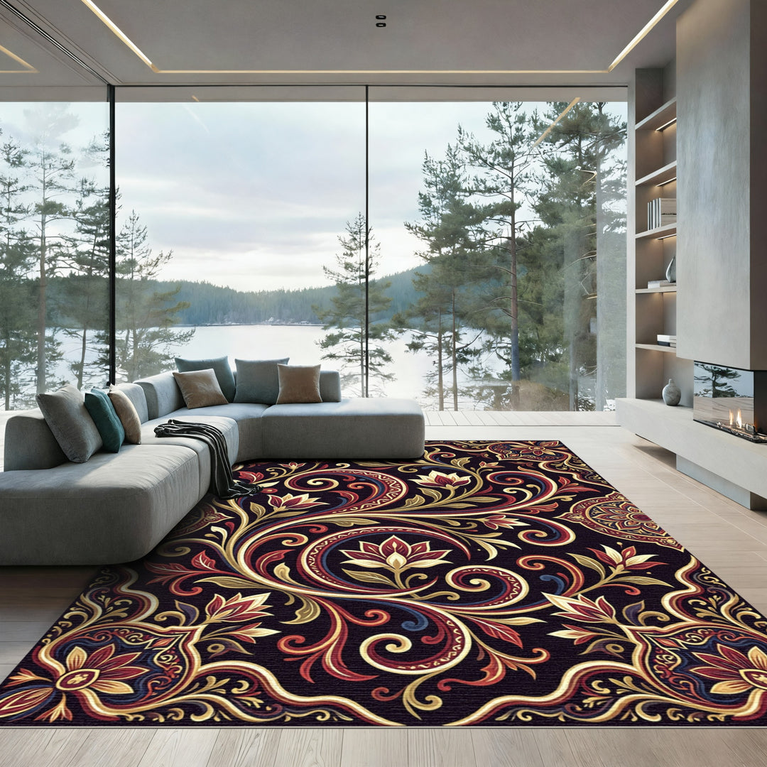 Ornate Crimson Floral Swirl Rug