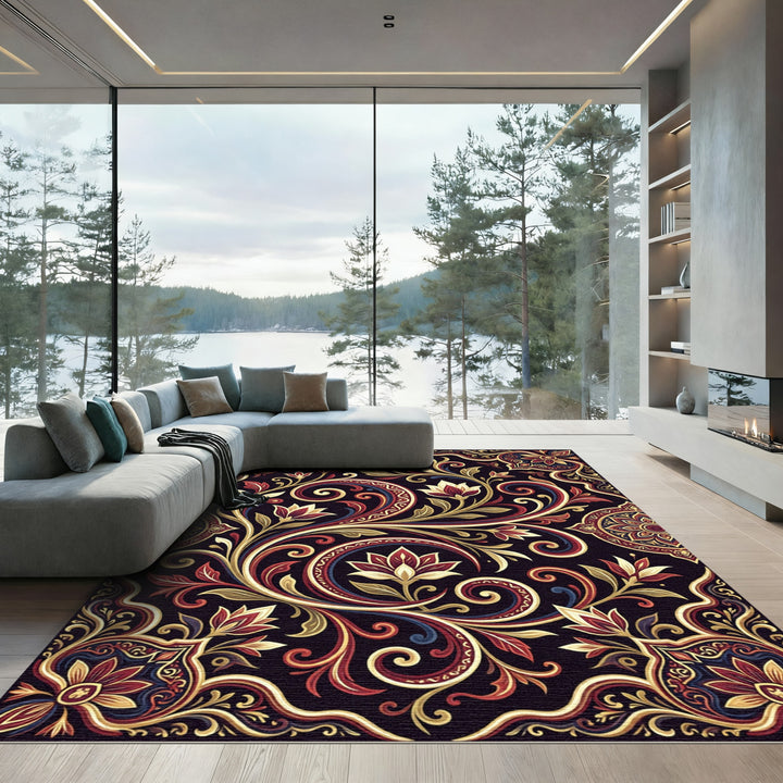 Ornate Crimson Floral Swirl Rug