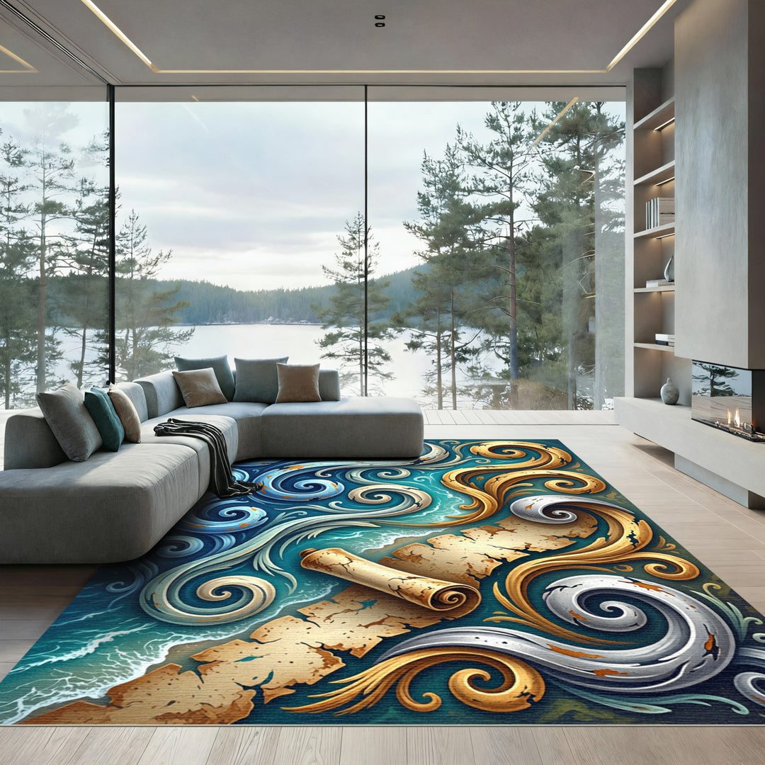 Oceanic Golden Scroll Wave Rug