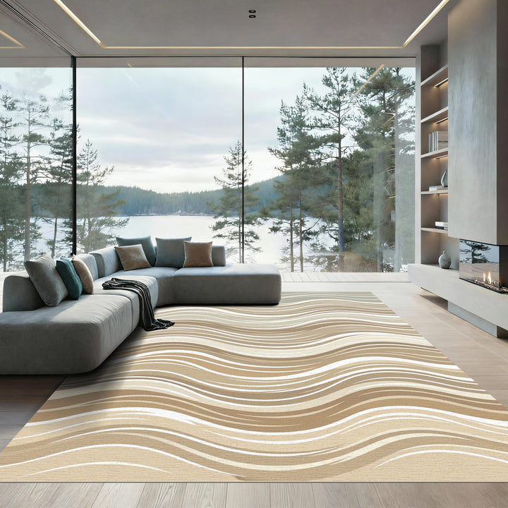 Beige and White Abstract Wave Rug