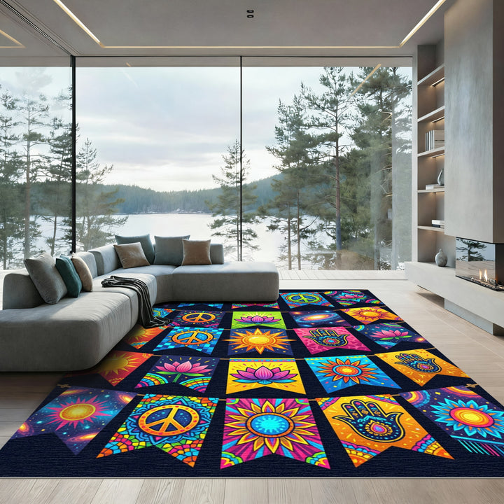 Vibrant Sun Lotus Peace Hand Banner Garland Rug