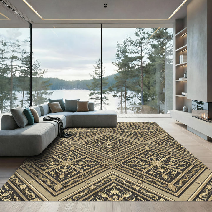 Ornate Golden Damask Diamond Rug