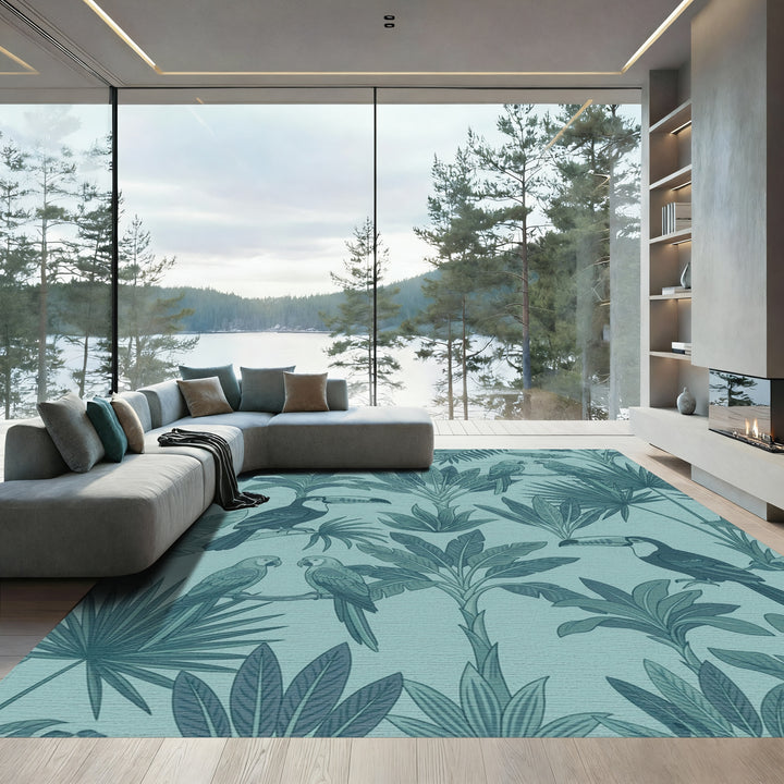 Teal Toucan and Parrot Tropical Jungle Rug