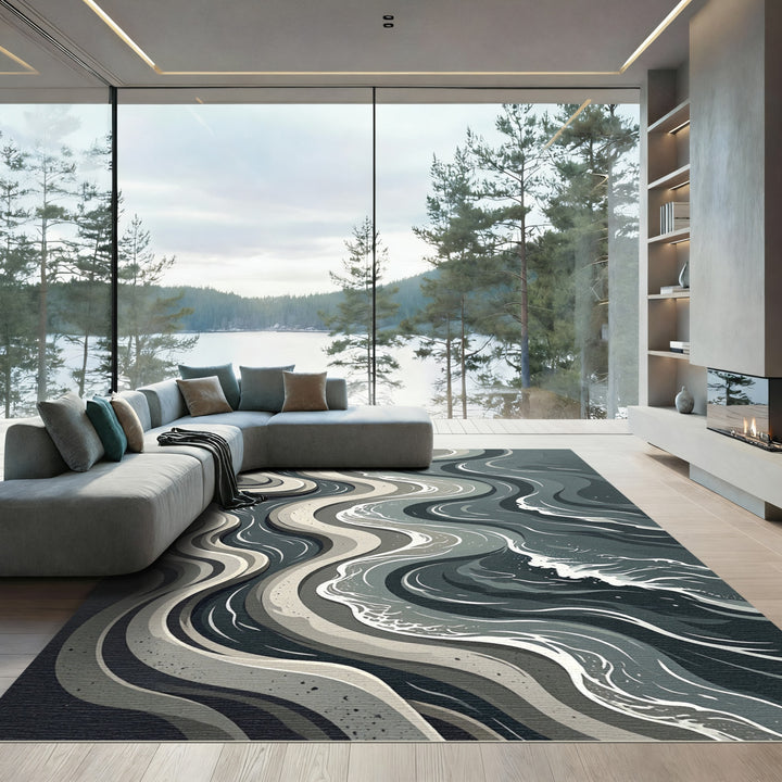 Abstract Monochrome Wavy Waterscape Rug