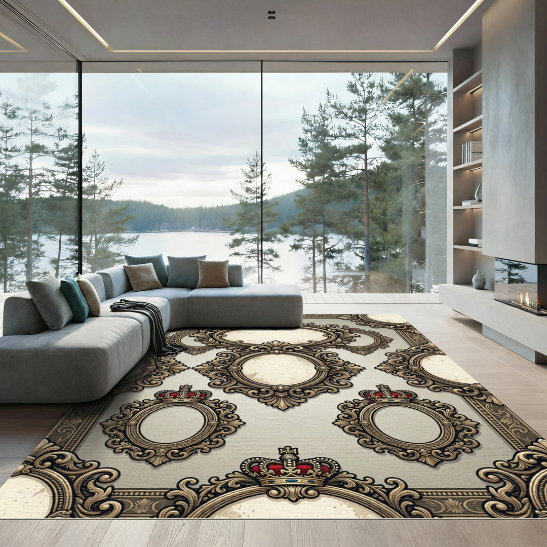 Ornate Gold Crown Oval Frame Rug