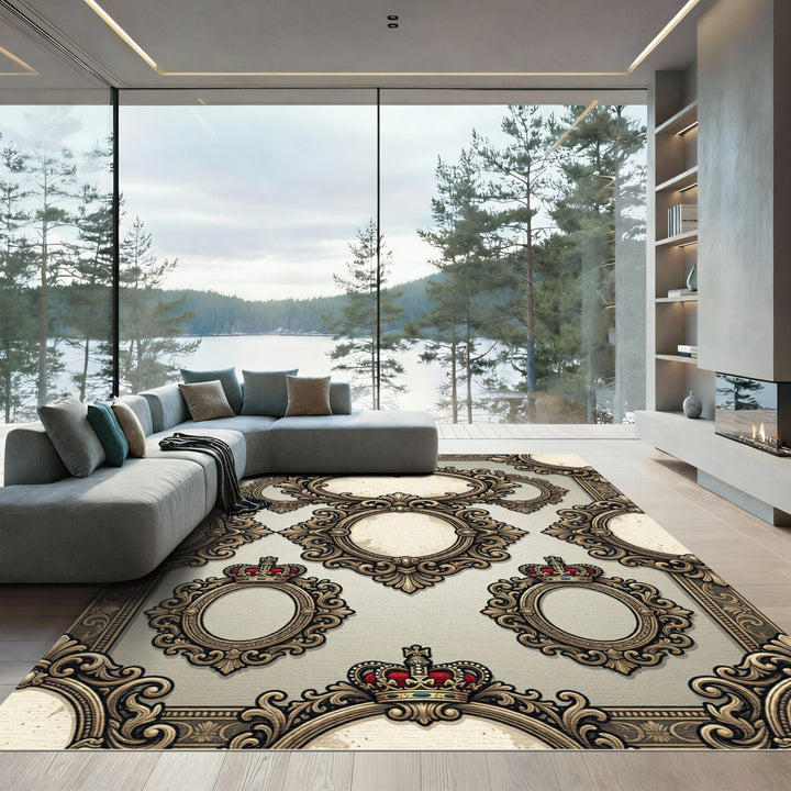 Ornate Gold Crown Oval Frame Rug