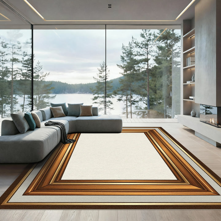 Elegant Bronze and Gold Ornate Frame Rug