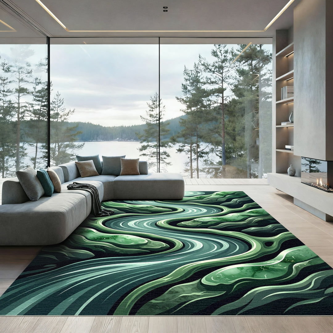 Lush Green River Flow Abstract Rug