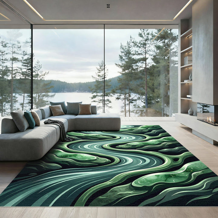 Lush Green River Flow Abstract Rug
