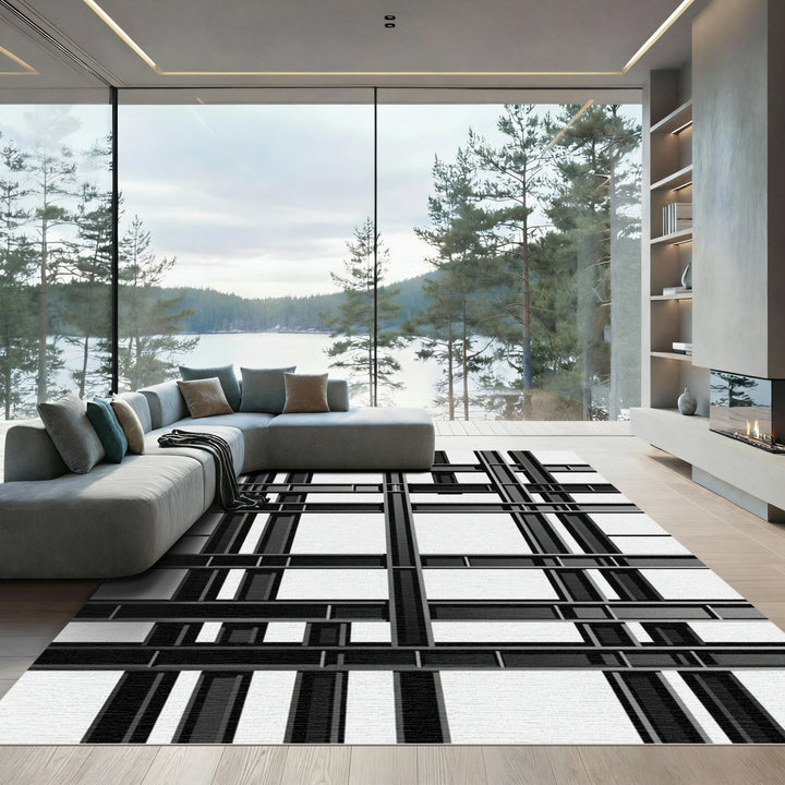 Black White Grid Modern Abstract Rug