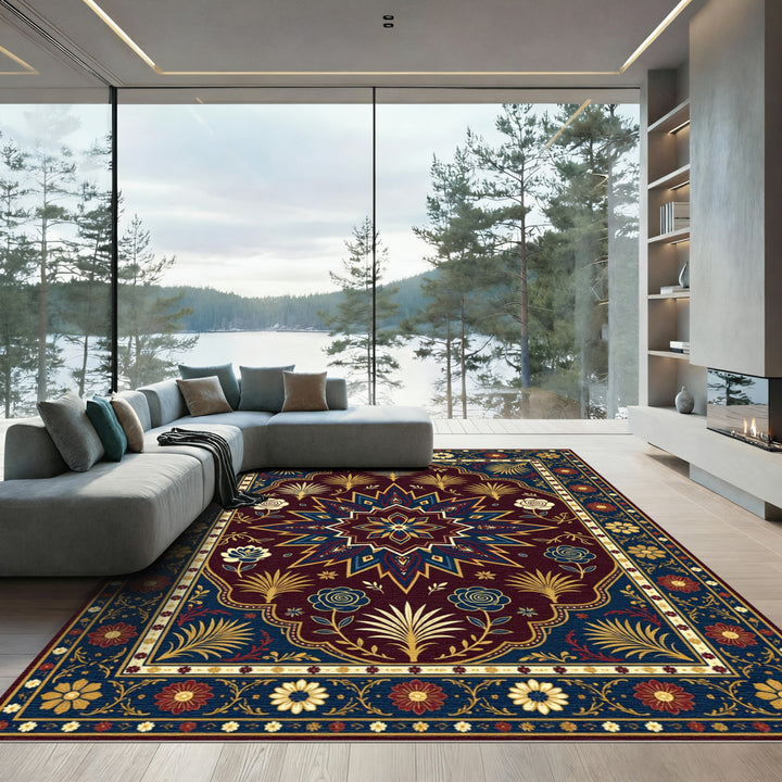 Rich Burgundy Gold Floral Star Rug