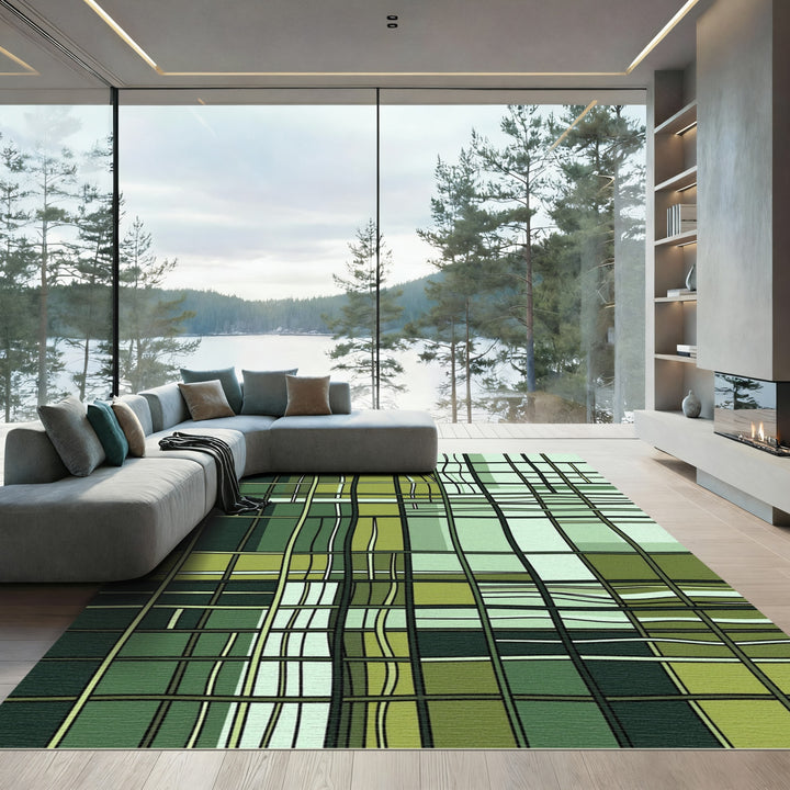 Modern Green Abstract Gridded Rug