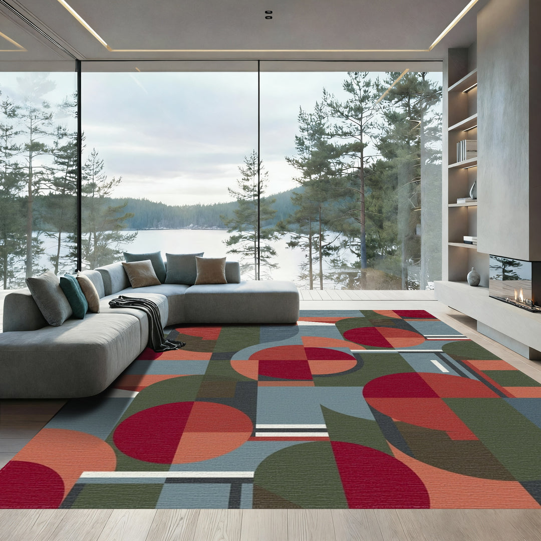 Mid-Century Geometric Circles and Rectangles Rug