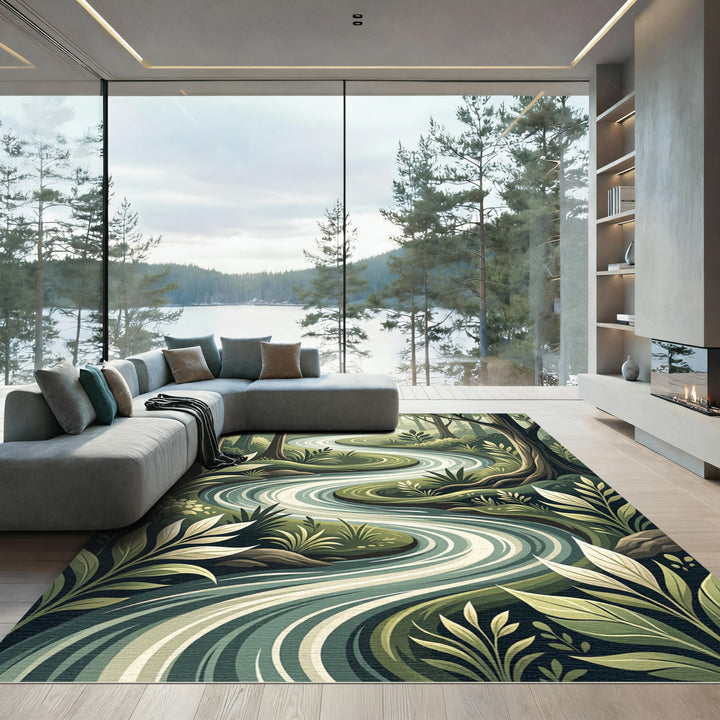 Serene Forest River Foliage Design Rug