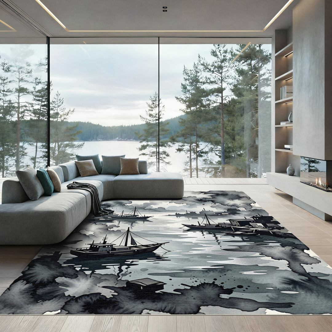 Monochromatic Harbor Boats Ink Wash Rug