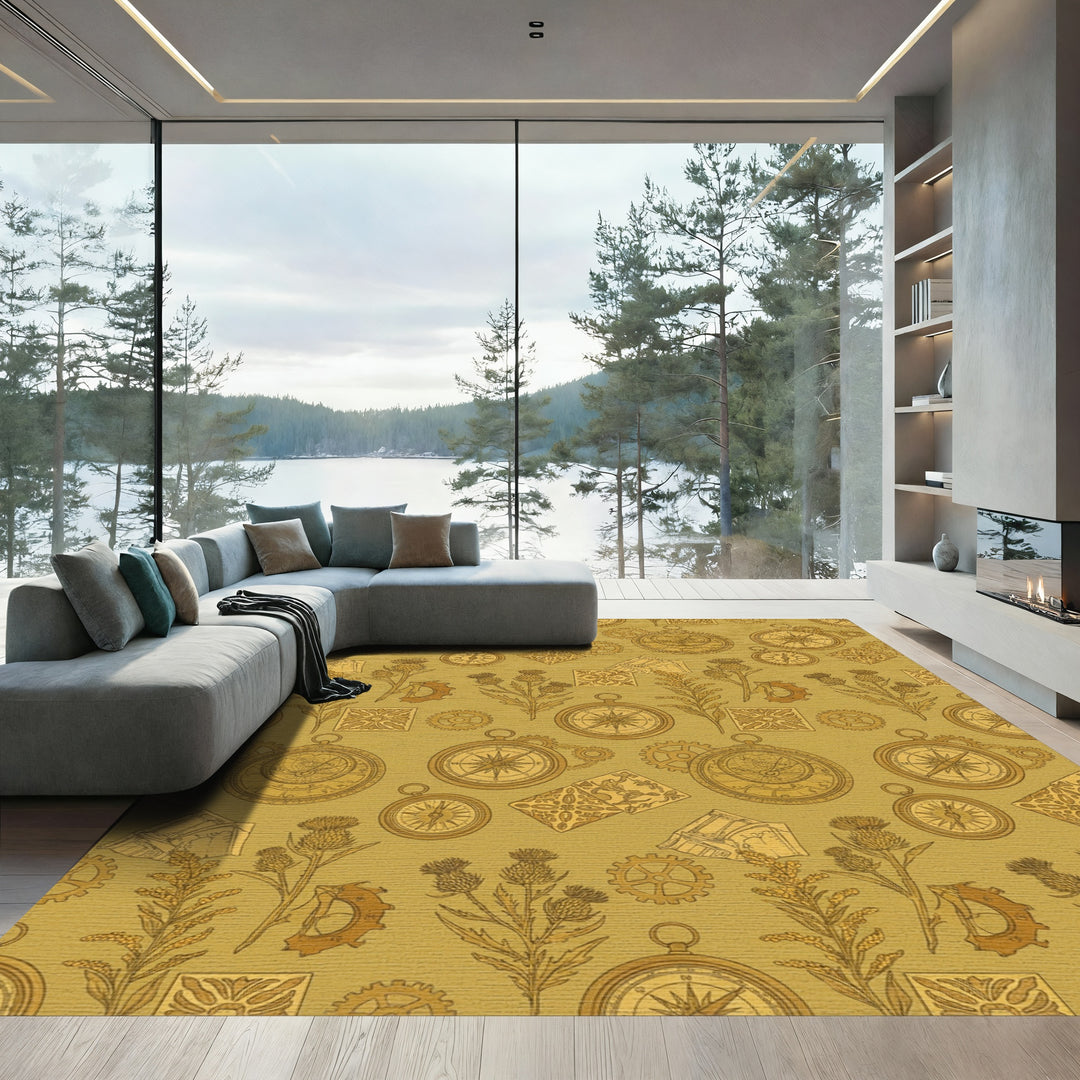 Golden Steampunk Compass Thistle Gears Rug