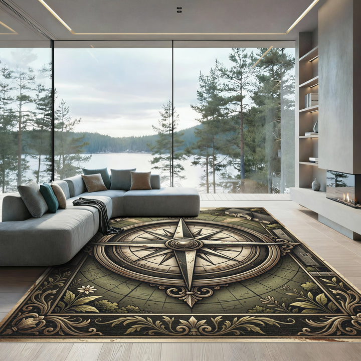 Antique Nautical Compass Historic Village Rug
