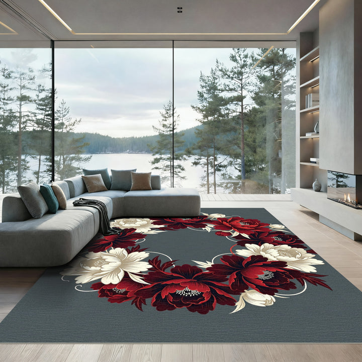 Crimson White Peony Floral Wreath Rug
