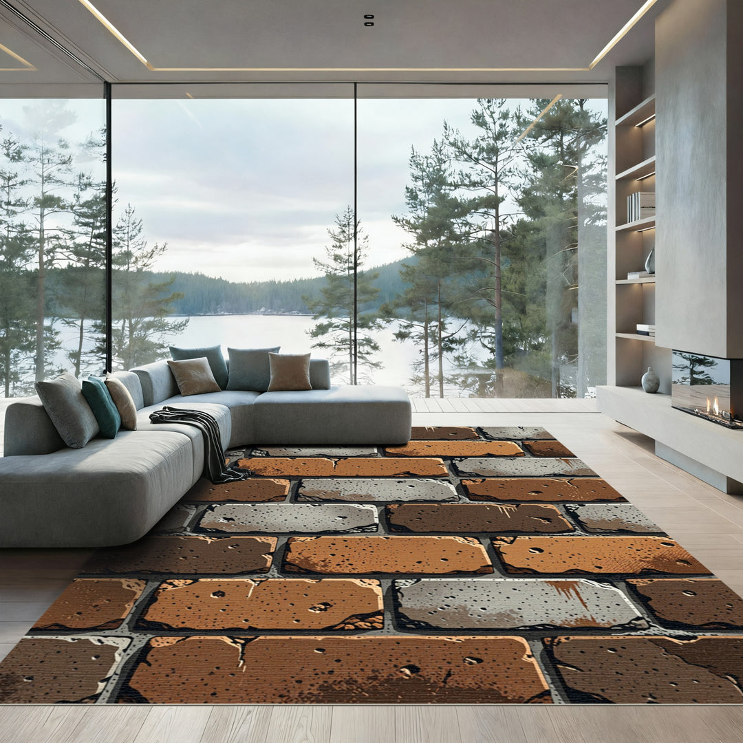 Rustic Brown Gray Brick Wall Rug