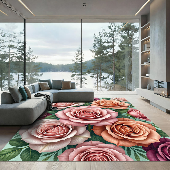 Romantic Pink Peach Rose Garden Rug
